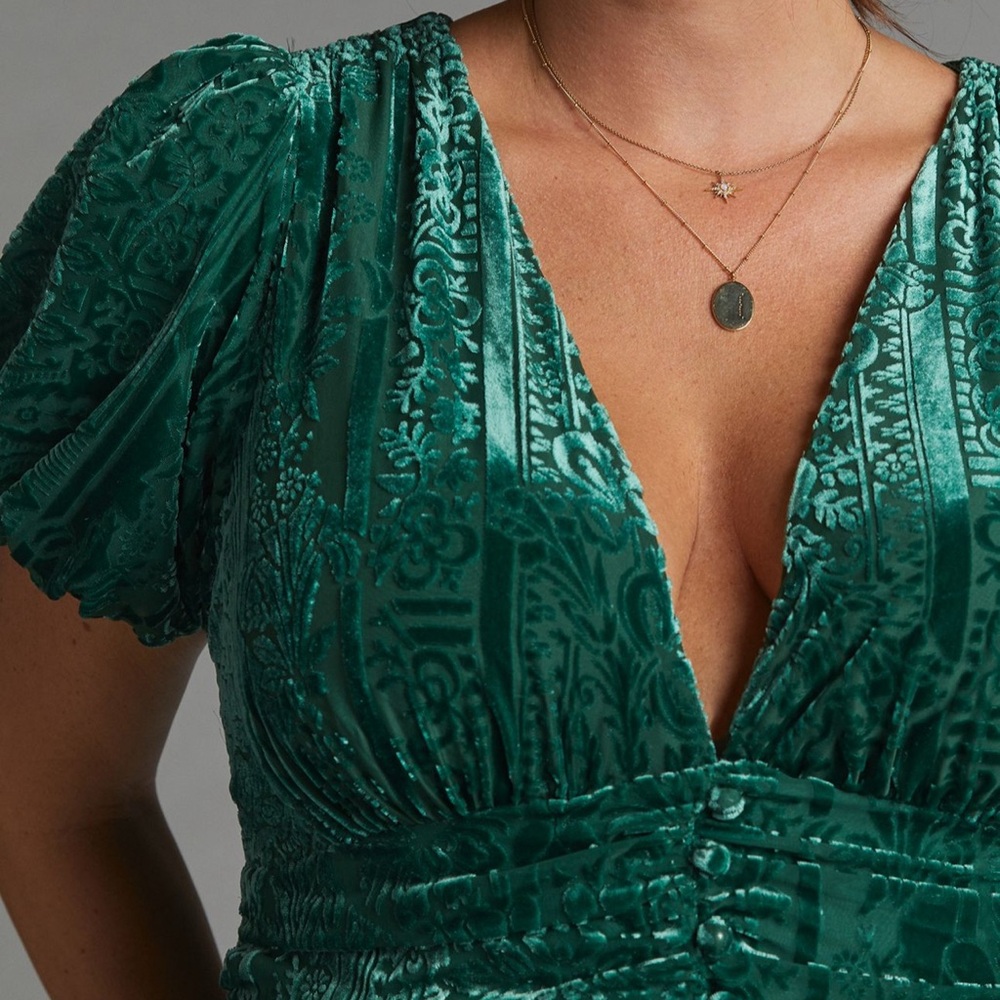 Anthropologie Katerina Puff Sleeve Burnout Velvet Maxi Dress Emerald Green 12 - Picture 5 of 6